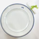 Round dish white monogrammed with blue border 34cm