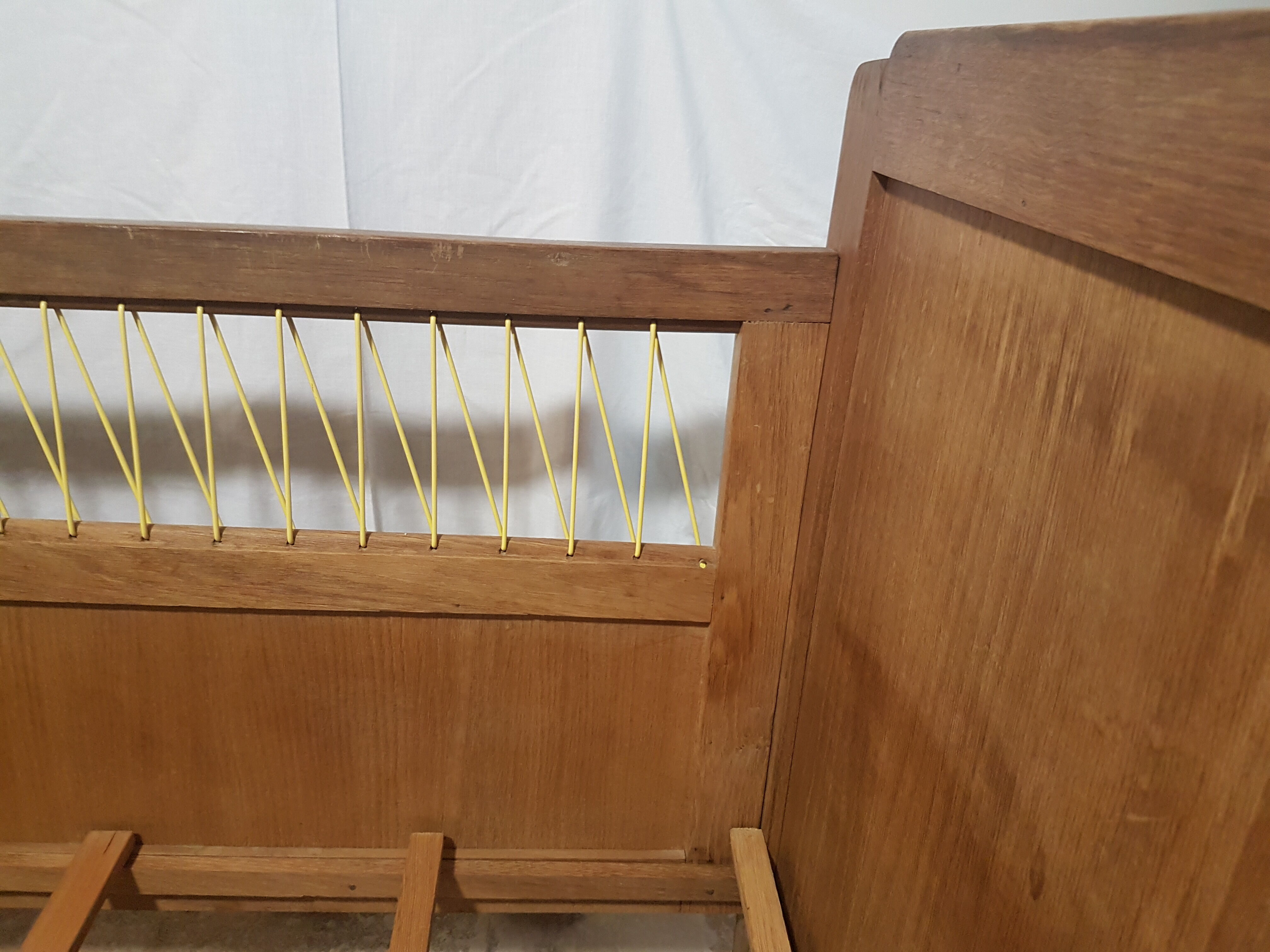 Children's bed made of wood and yellow scoubidou, 1950s.
