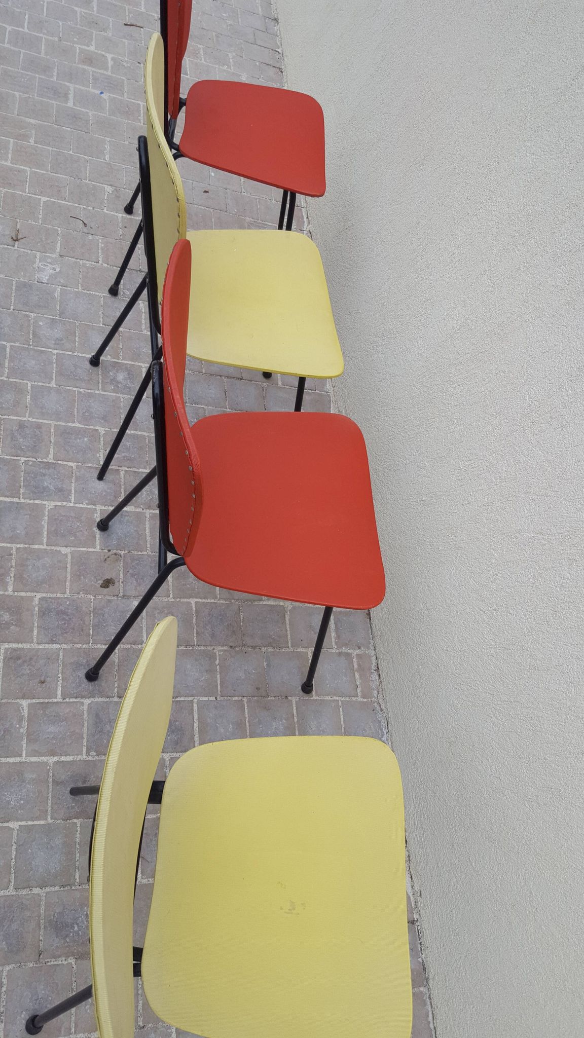 4 vintage metal tubular feet chairs, vinyl seating, skai