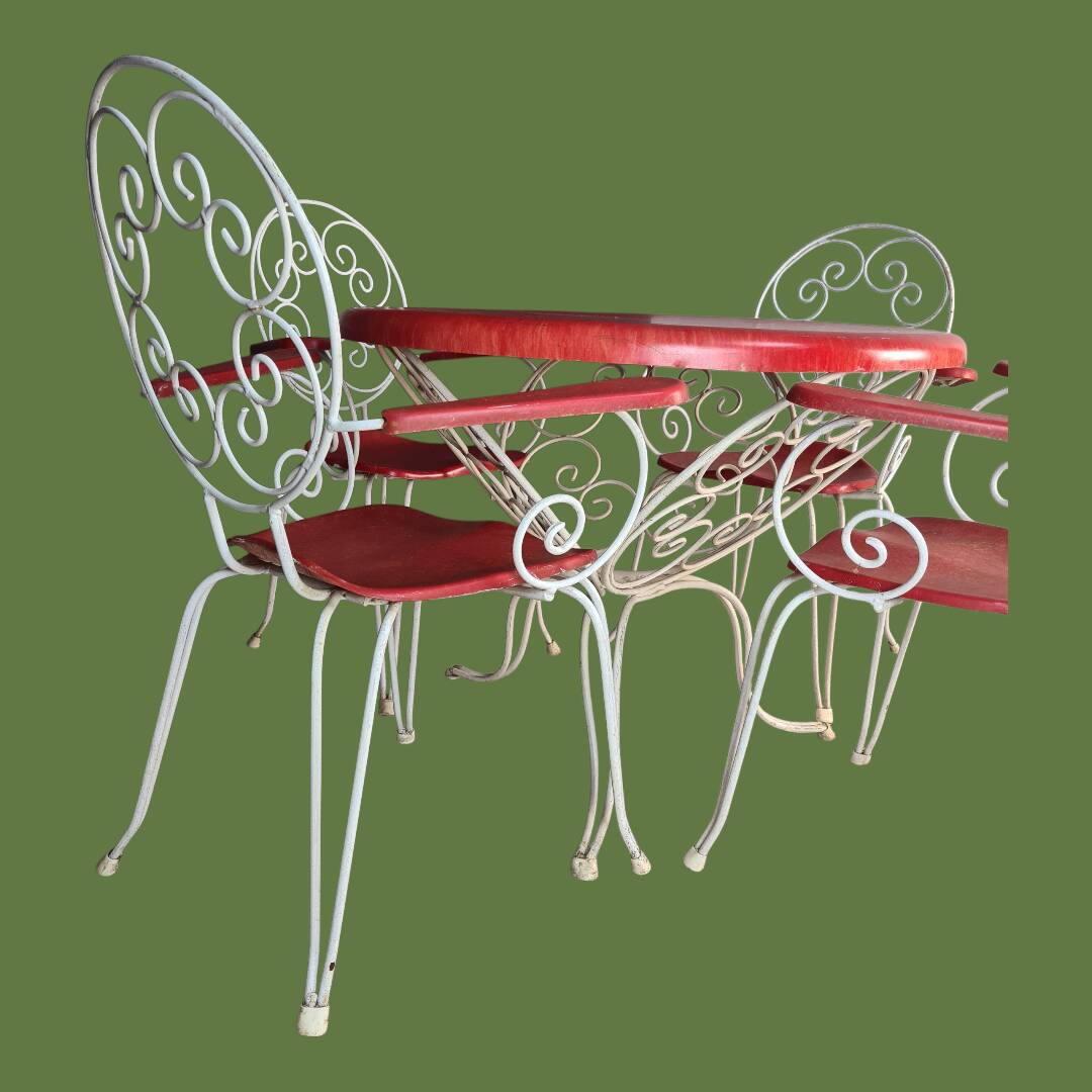Rare 1950s garden furniture set - wrought iron & fibreglass - 5 pieces
