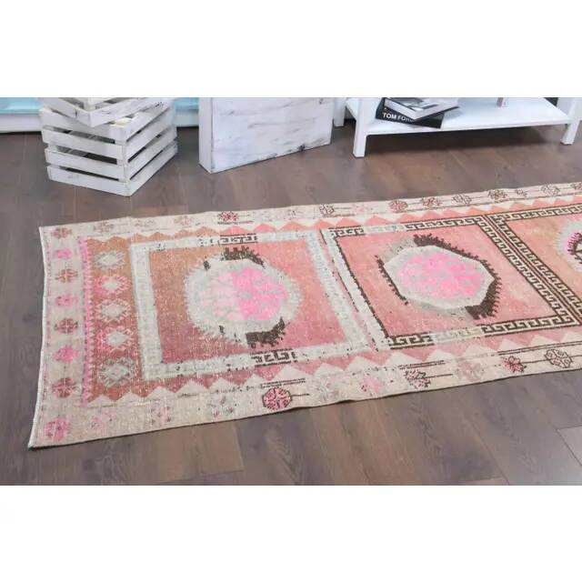 Vintage Turkish Hand-Knotted Wool Cotton Pink Runner Rug 99x345