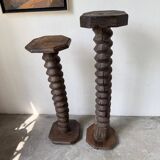 Paire de piédestal colonnes vis de pressage chêne 1900
