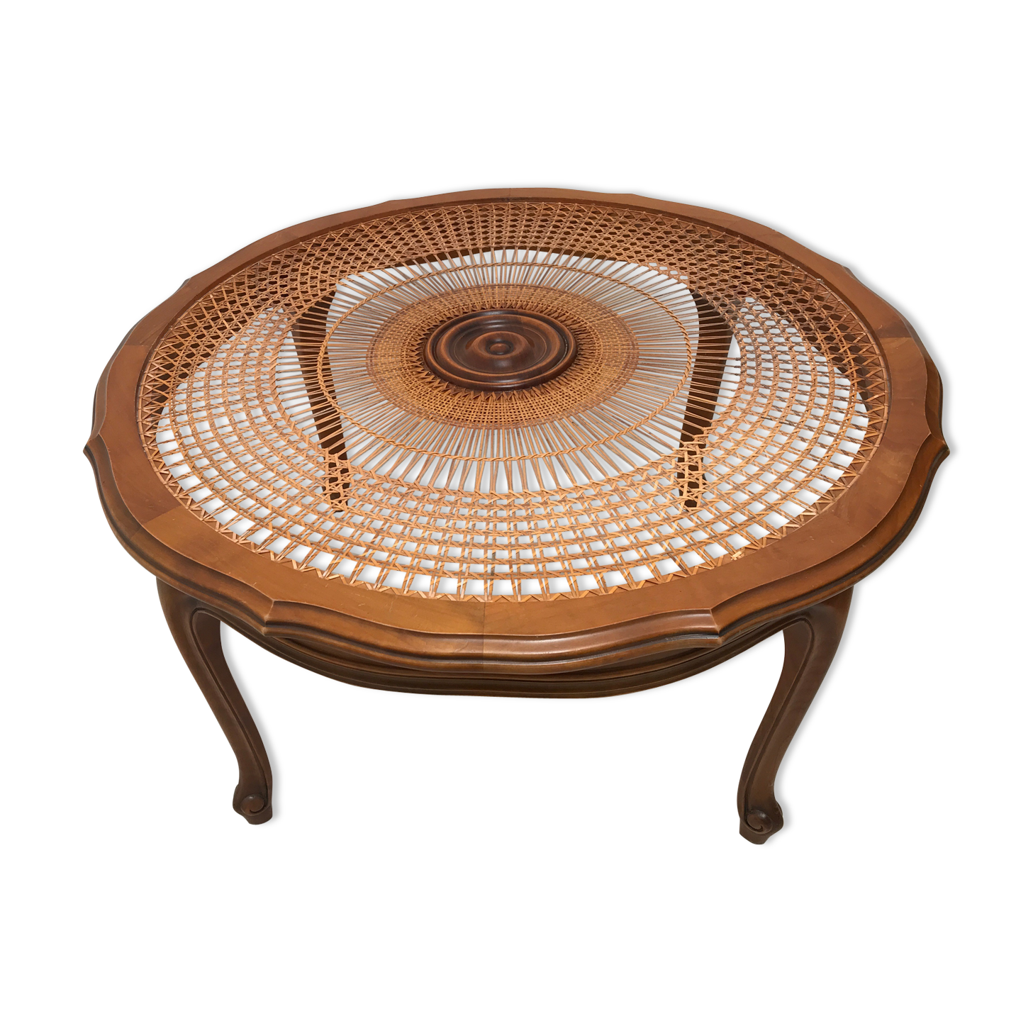Table basse en bois mérisier et cannage vintage
