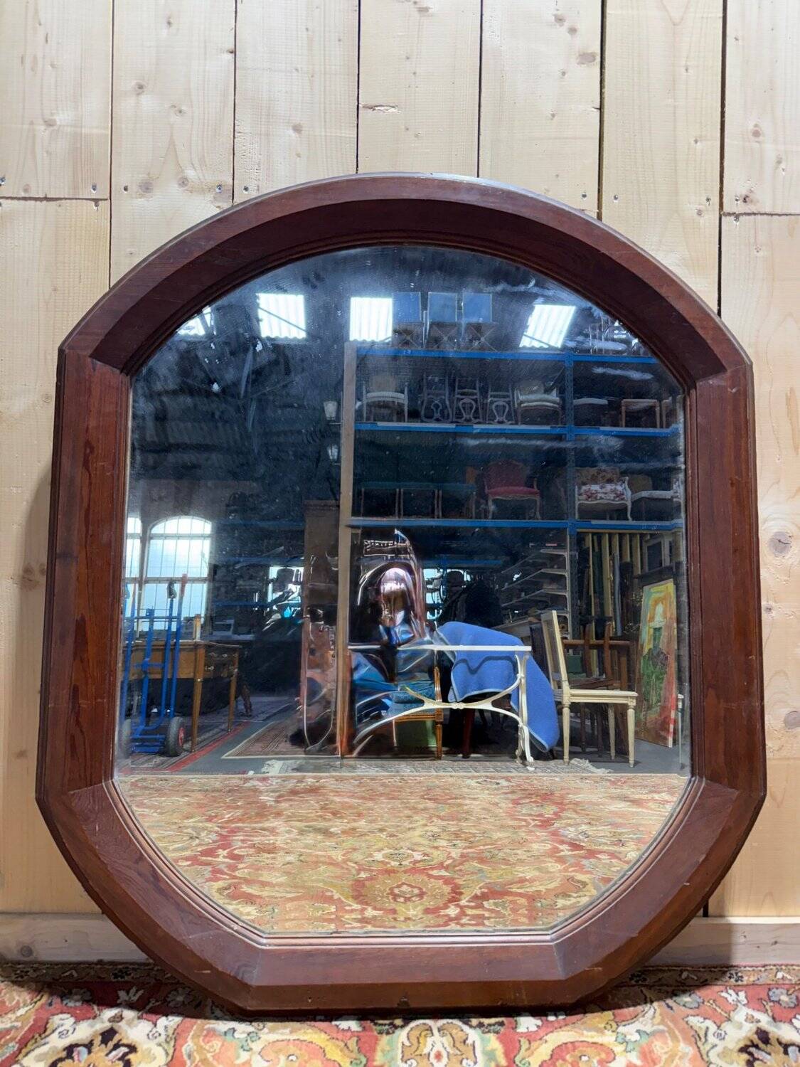 Miroir octogonal biseauté – Époque 1900 – Cadre bois teinté acajou