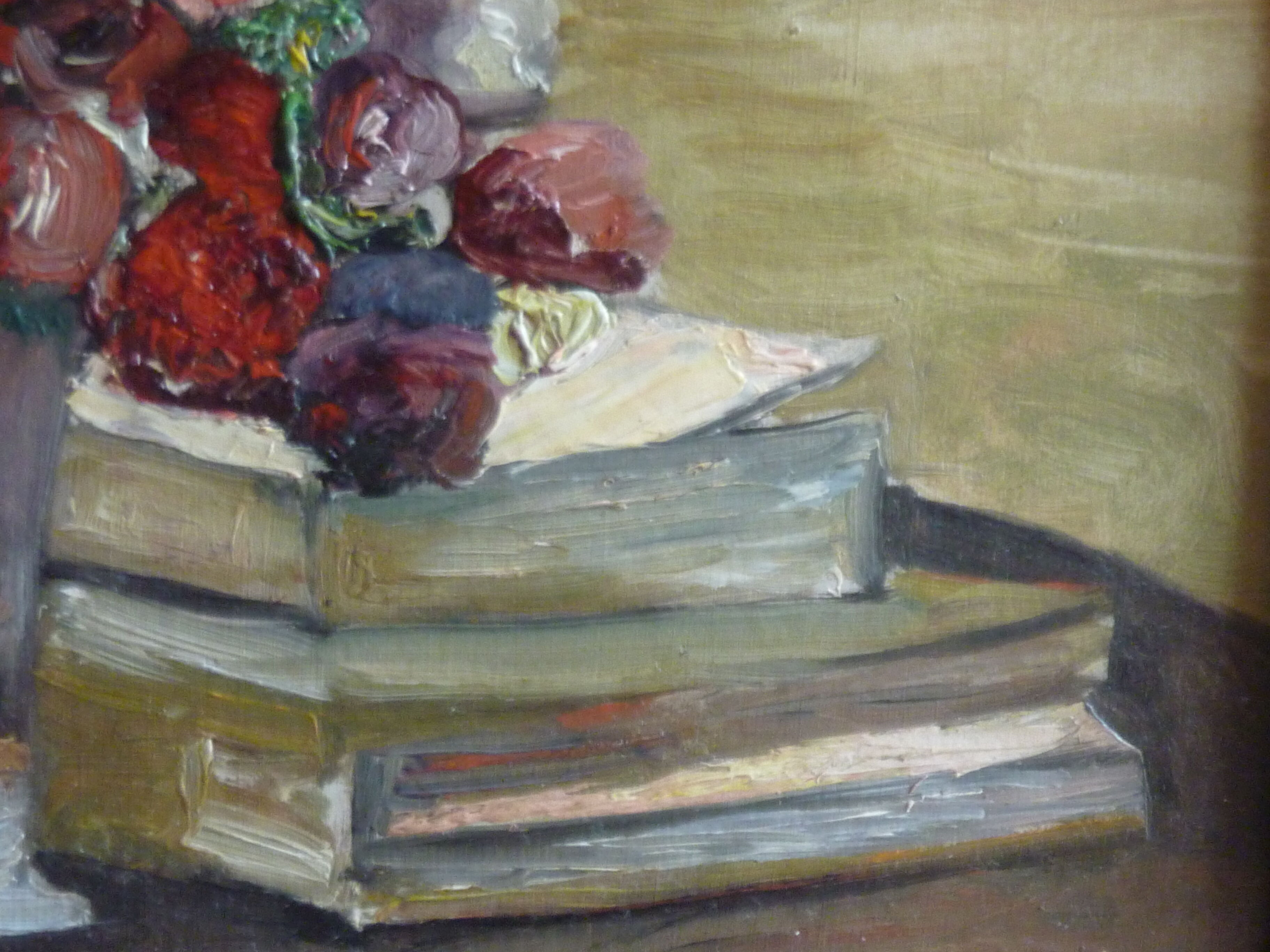 Old painting, oil on panel, bunch of flowers