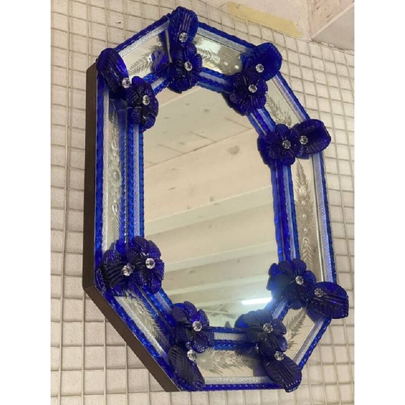 Venetian Octagonal Blue Floreal Hand-Carving Mirror in Murano Glass Style
