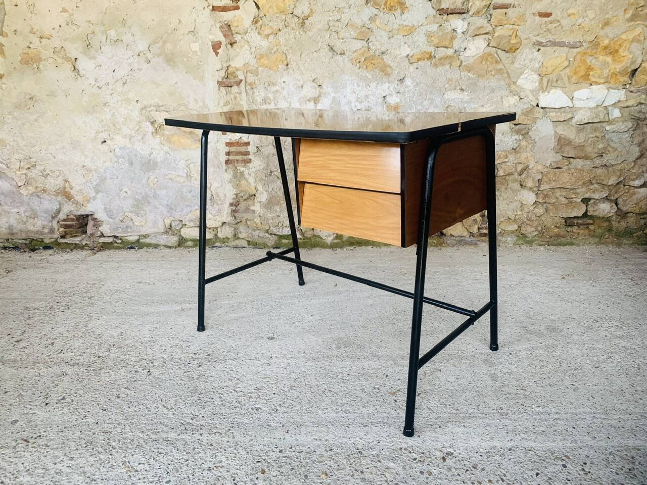 Vintage metal and formica desk with 2 drawers, circa 60's