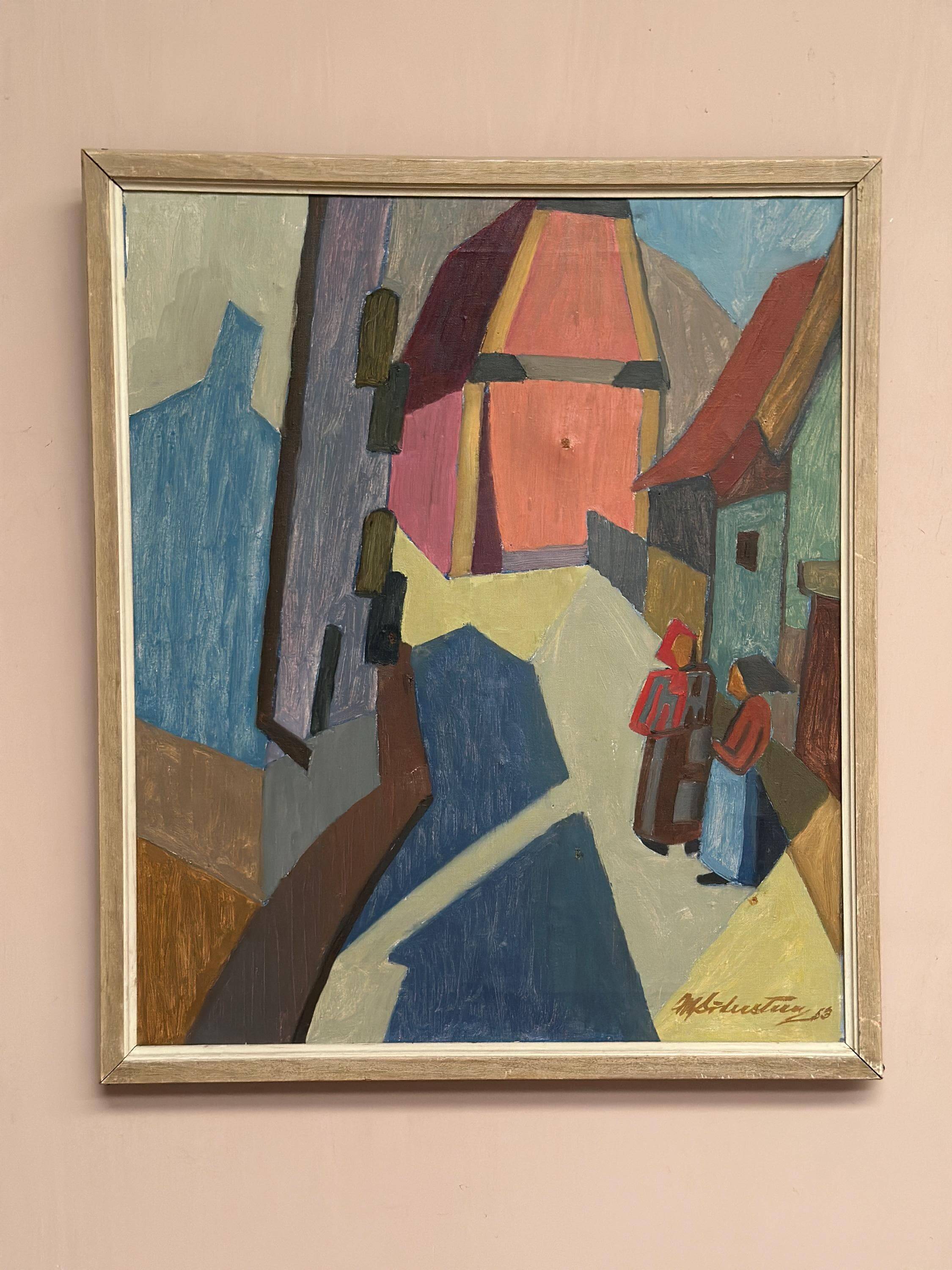Original Swedish Oil on Canvas – “Cityscape” – Dated 1953 Vintage & Framed