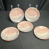 Set of five small Korean stoneware plates with pink crane, 20th century