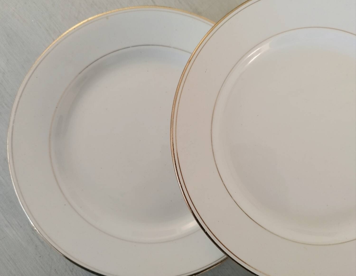 Old Earthenware Dinner Plates Hamage and Moulin des Loups White and Vintage Golden Fillet