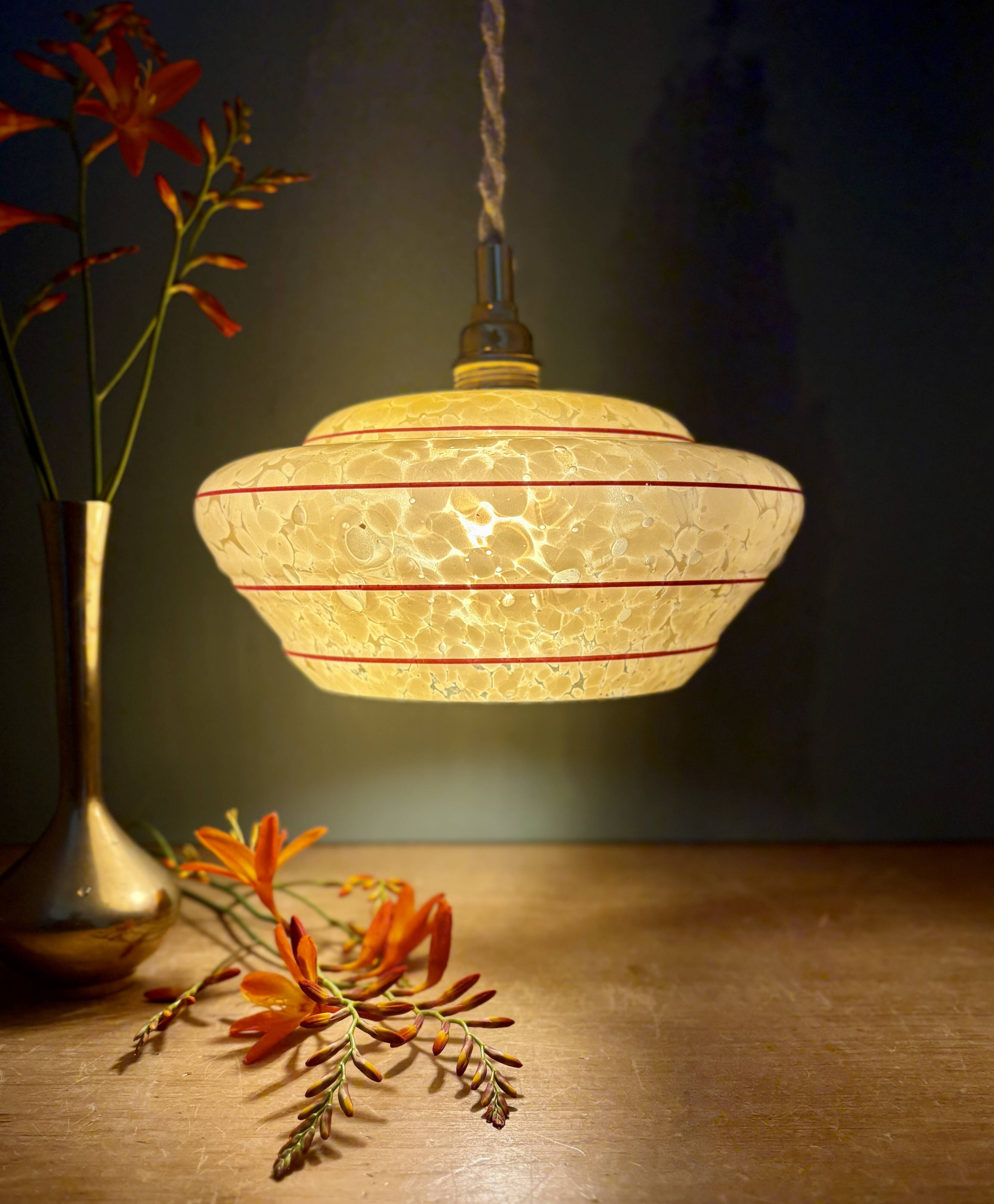 Vintage pendant lamp shade in yellow Clichy glass with red trim