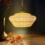 Vintage pendant lamp shade in yellow Clichy glass with red trim