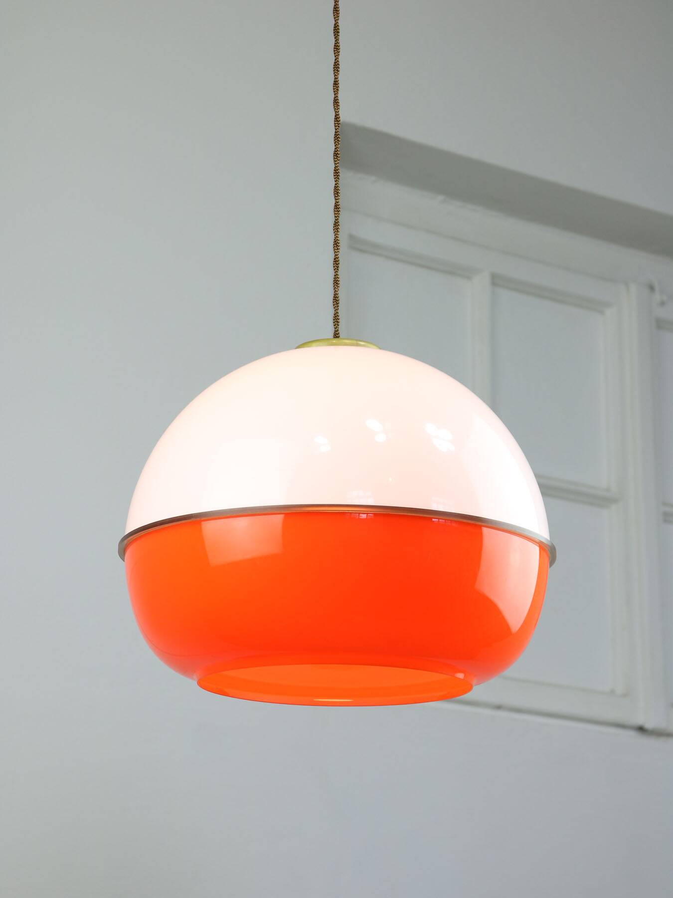 Space Age Italian Orange Plexiglass and Brass Pendant Lamp, 1970s