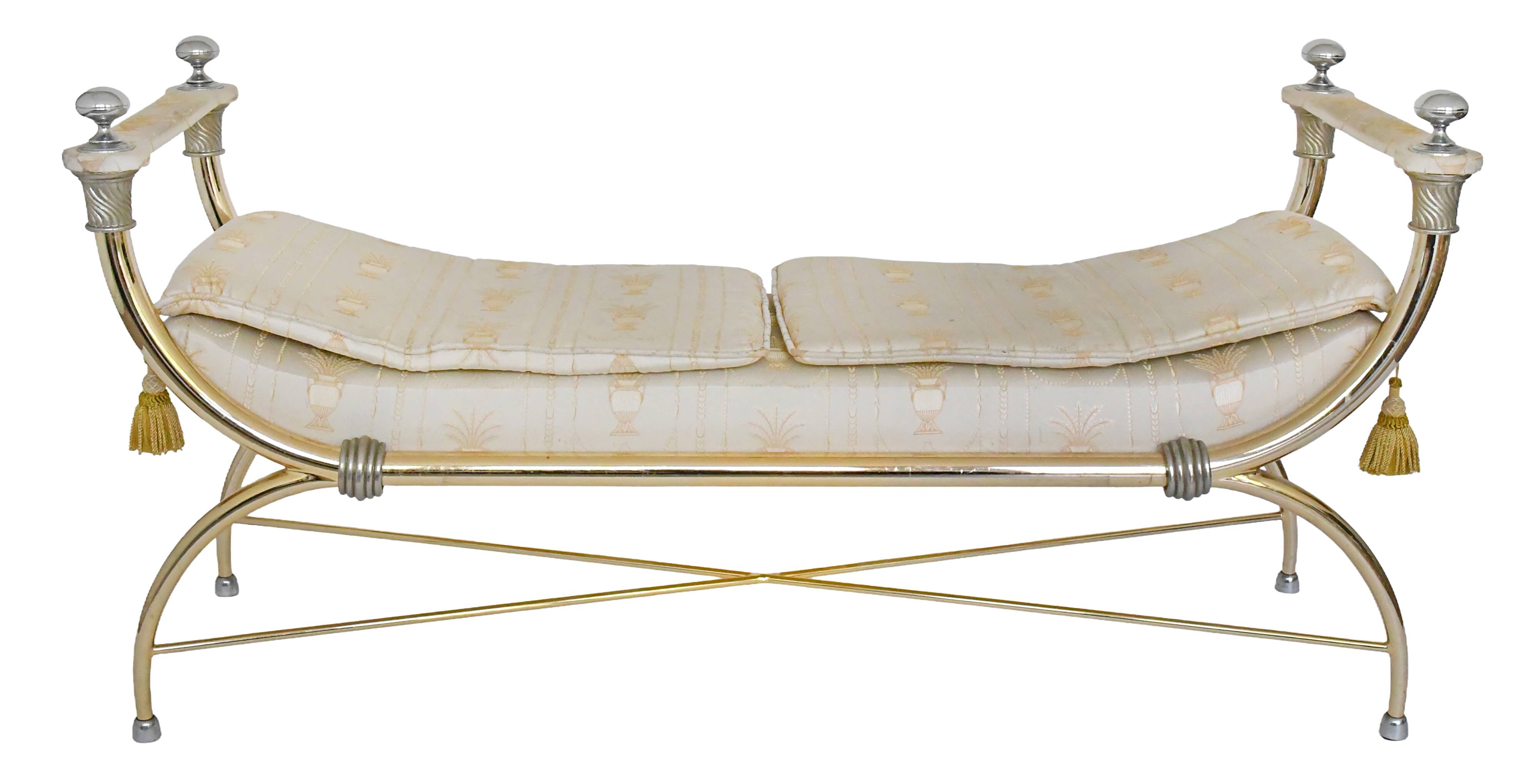 Bench in gilded brass and Empire-style fabric