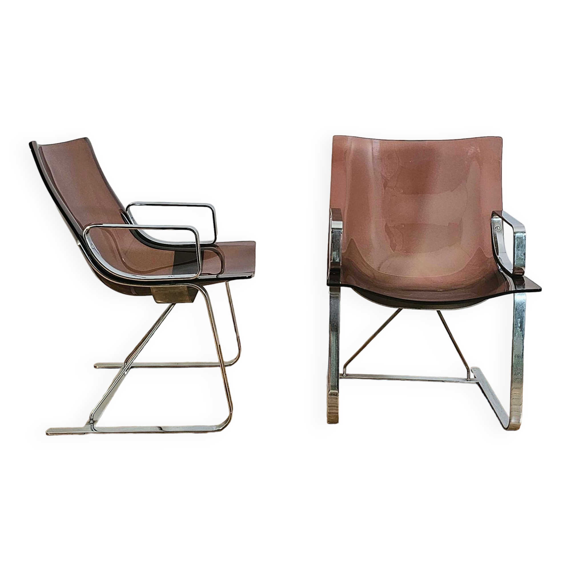Apelbaum-Paris, pair of armchairs attributed to Raphaël in smoked plexiglass and chrome, 1960/1970
