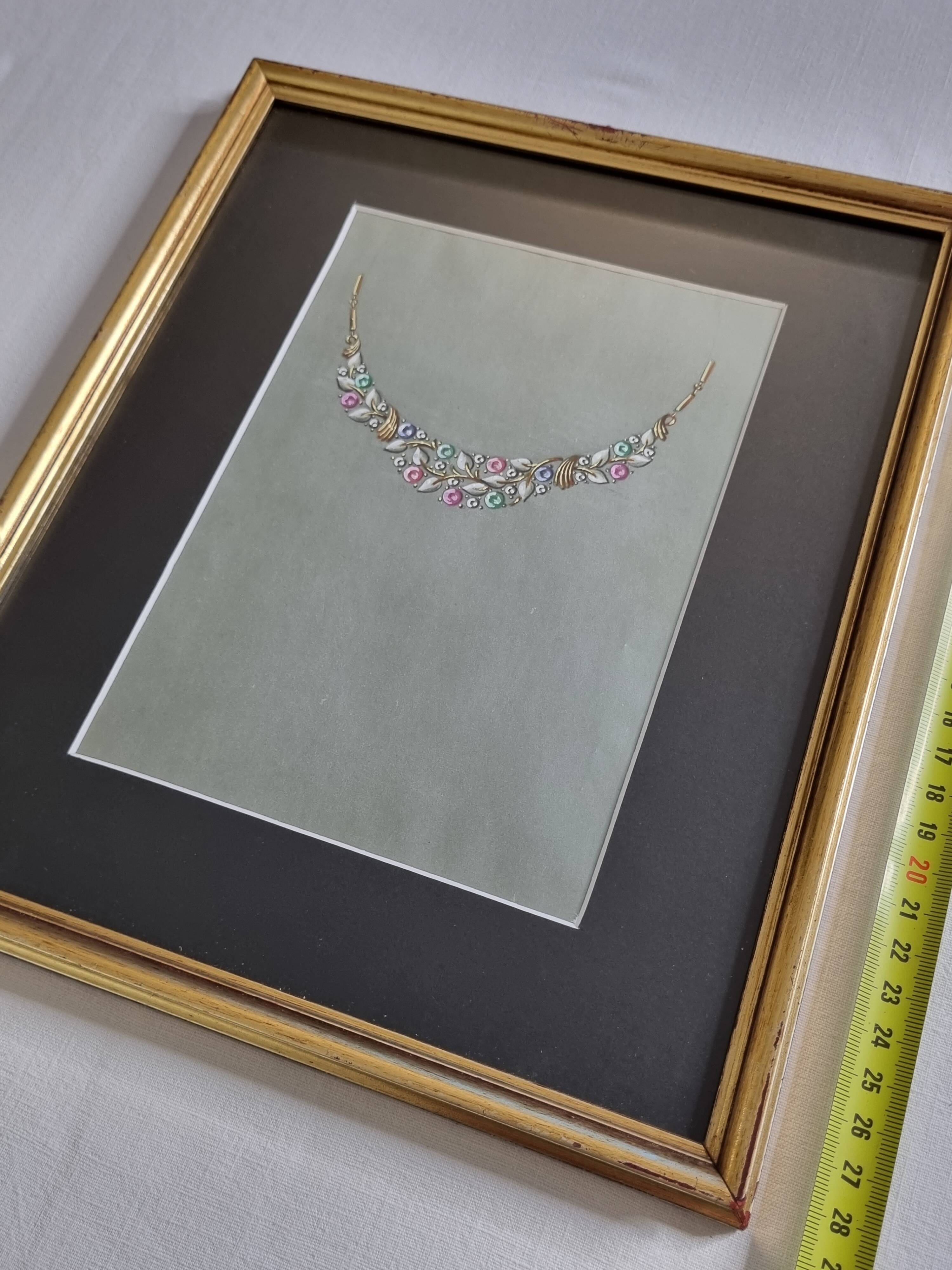 Original gouache from the 1930s, prototype of a unique jewel, New York jeweler, 24 x 28 cm