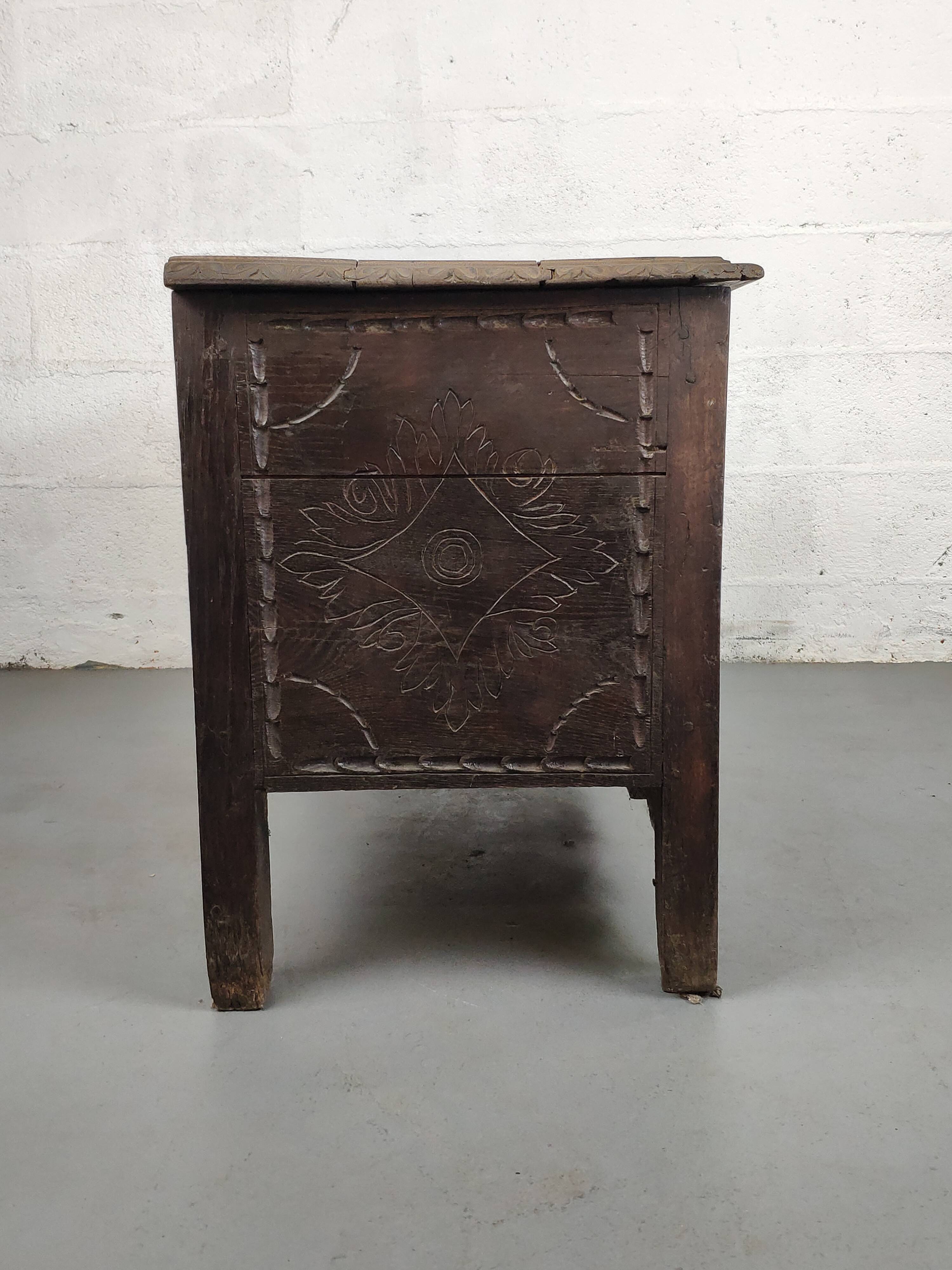 Old storage chest oak carved traditional scene