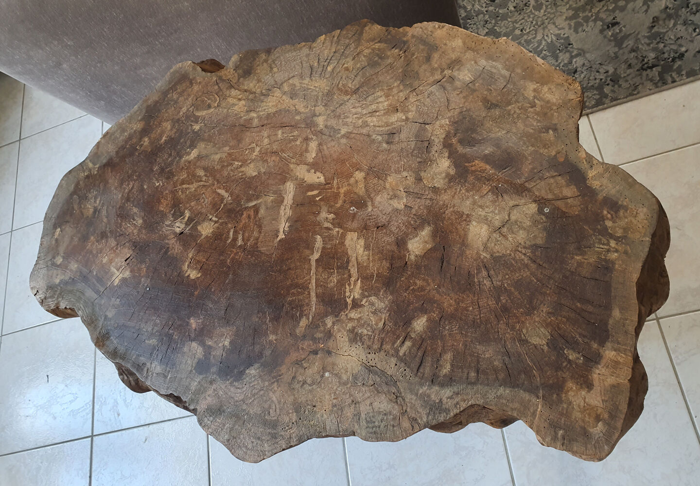 tree trunk table, brutalist, solid oak