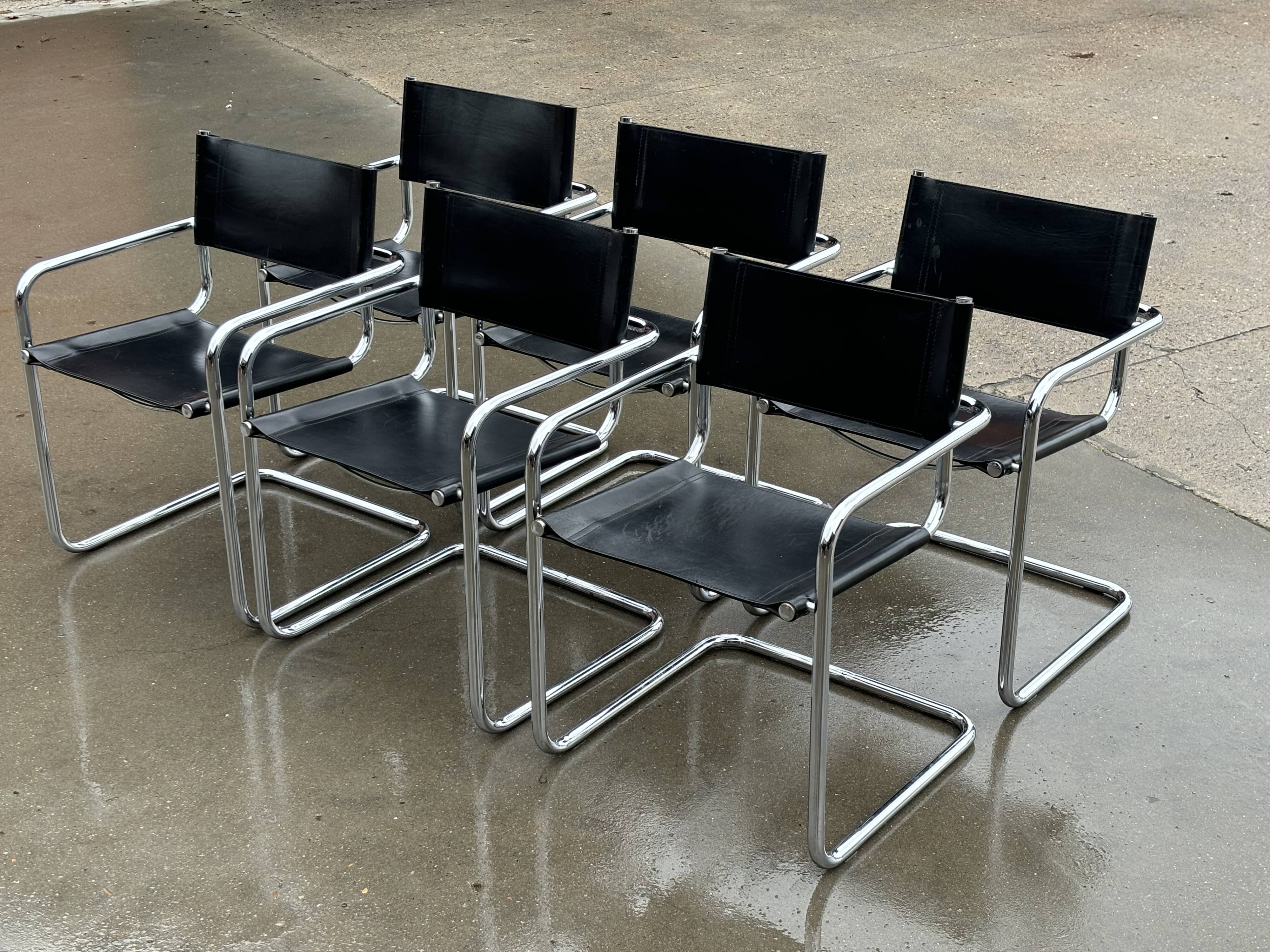Ensemble vintage de 6 chaises à structure tubulaire Mart Stam design cuir