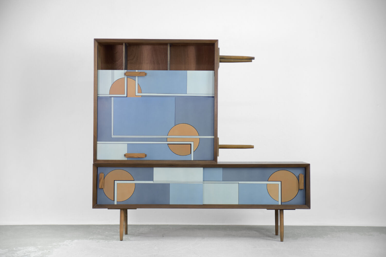 Set of 2 mid-century modern scandinavian hand-painted birch cabinet & sideboard, 1960s