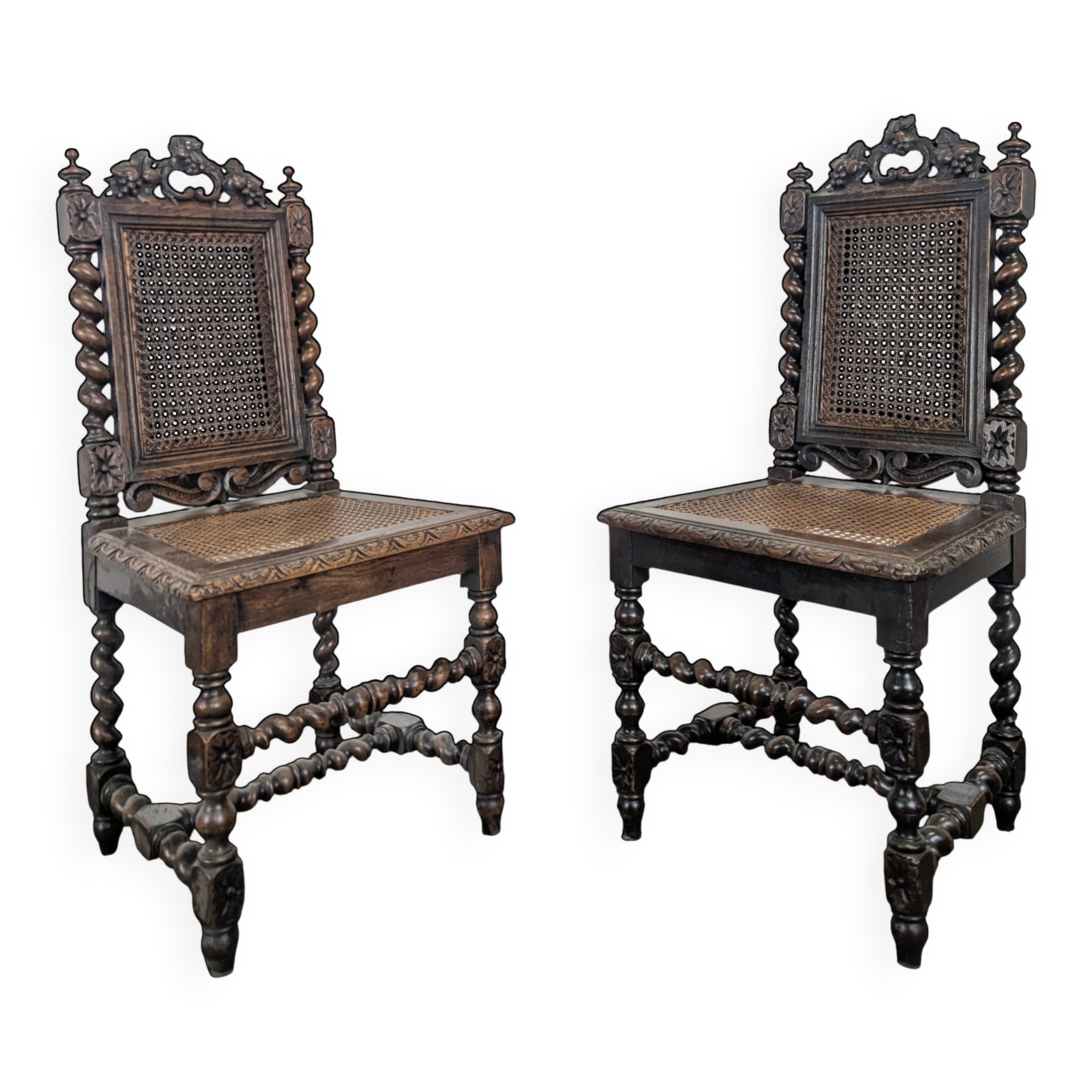 Pair of Louis XIII chairs in twisted oak with caning.