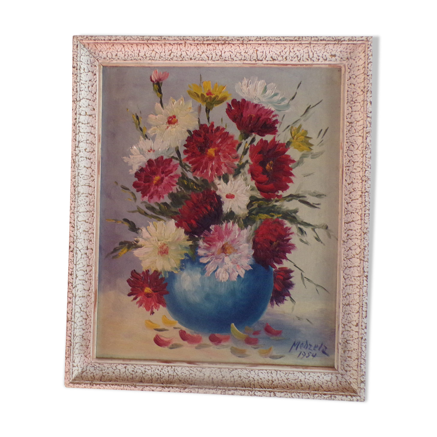 Oil on panel painting still life bouquet of flowers signed Medzelz