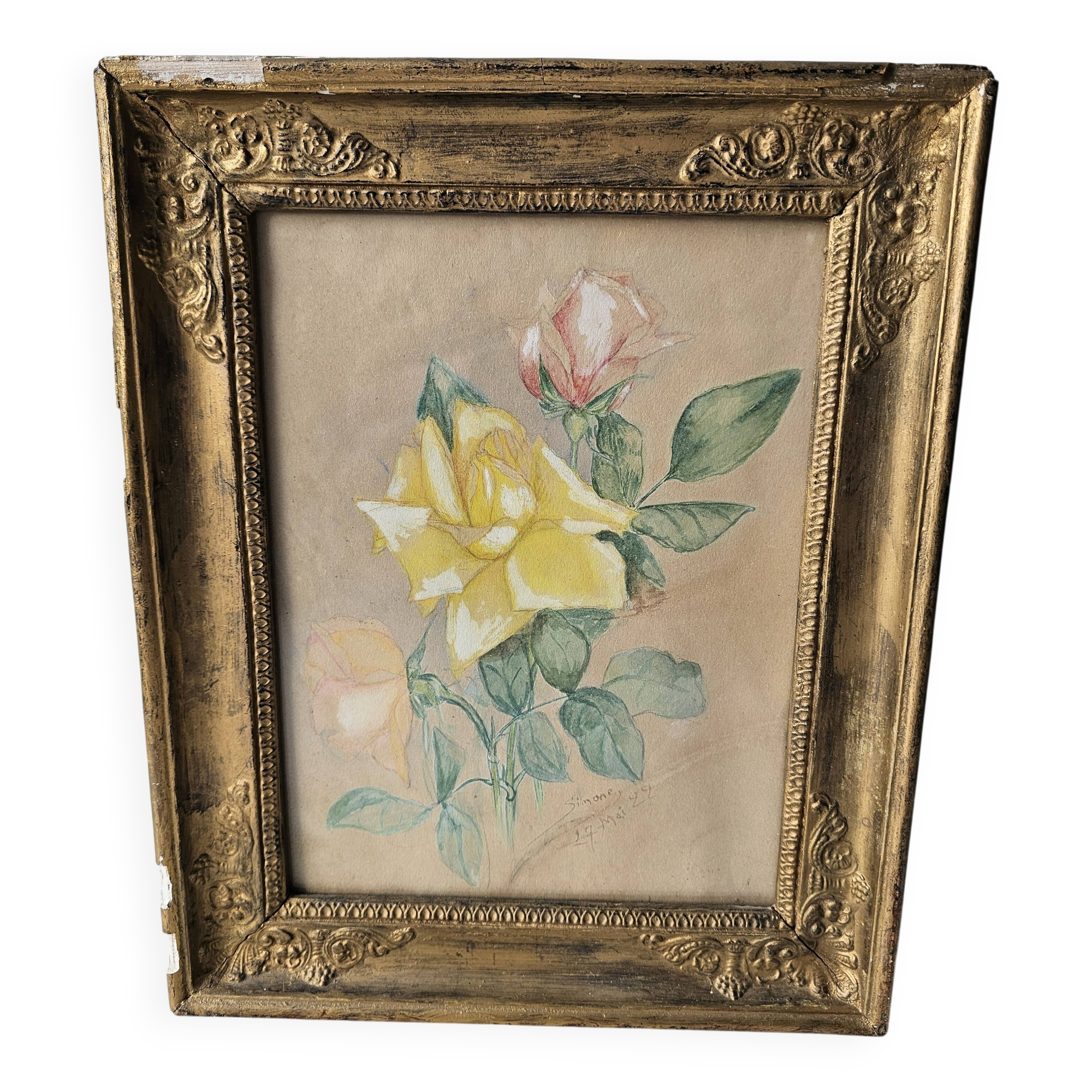 Watercolour painting of pink flowers signed Simonne 1922 in a gilded wooden frame.