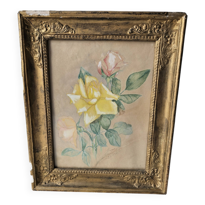 Tableau Aquarelle Fleurs roses Signé Simonne 1922 cadre bois doré
