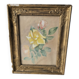 Watercolour painting of pink flowers signed Simonne 1922 in a gilded wooden frame.