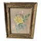 Watercolour painting of pink flowers signed Simonne 1922 in a gilded wooden frame.