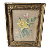 Watercolour painting of pink flowers signed Simonne 1922 in a gilded wooden frame.