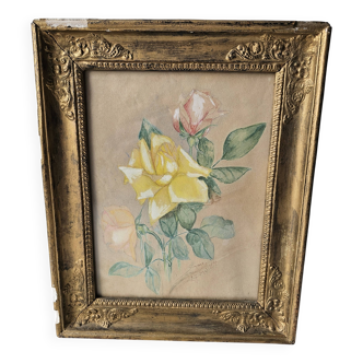Watercolour painting of pink flowers signed Simonne 1922 in a gilded wooden frame.