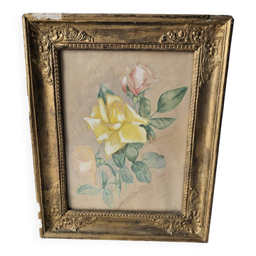 Tableau Aquarelle Fleurs roses Signé Simonne 1922 cadre bois doré