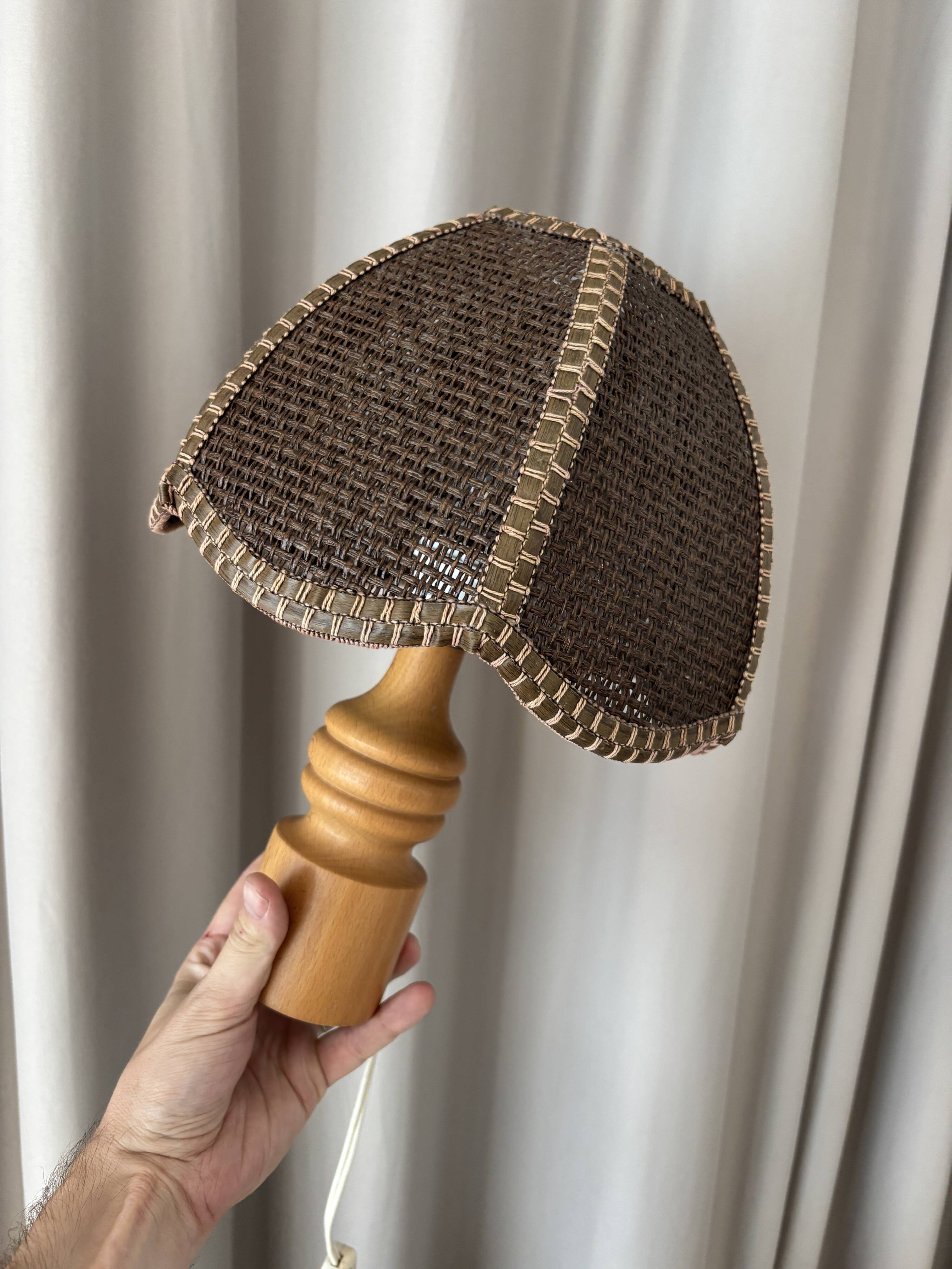 Vintage Woven Table Lamp – Wood & Rattan – 1970s