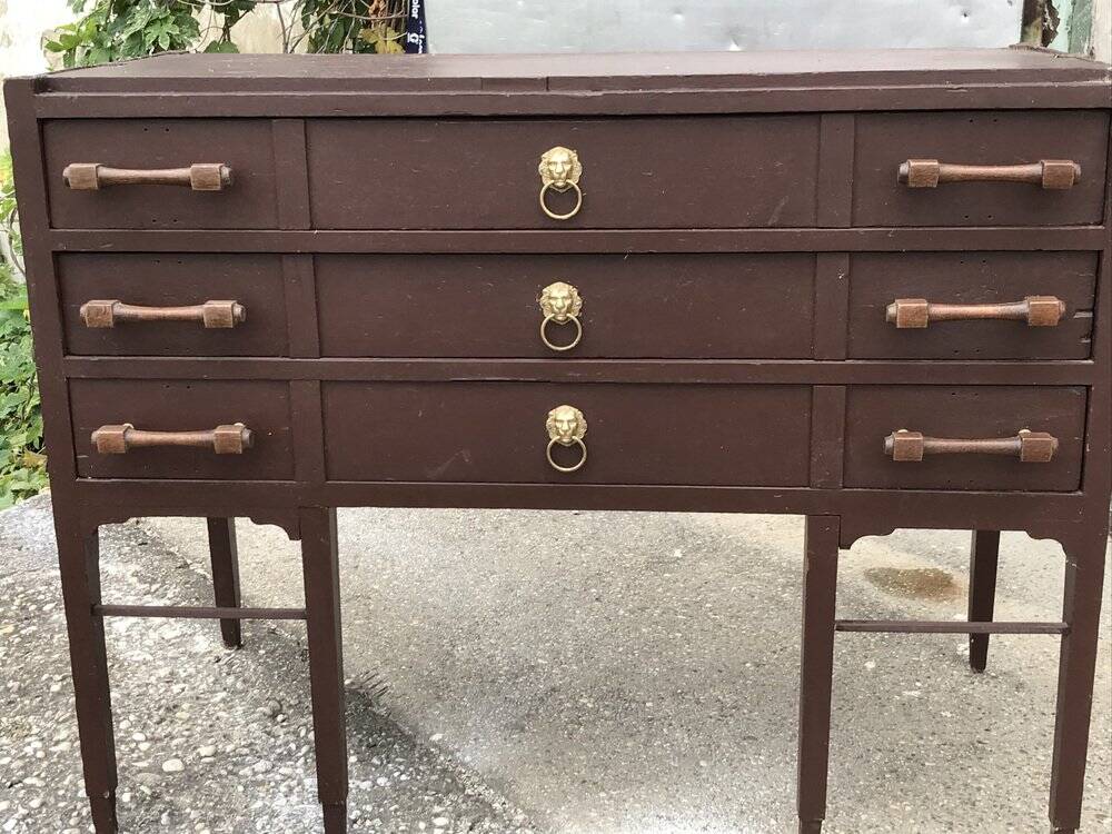 Vintage pine chest of drawers painted dark brown, 3 drawers from the 1950s mid-century style.