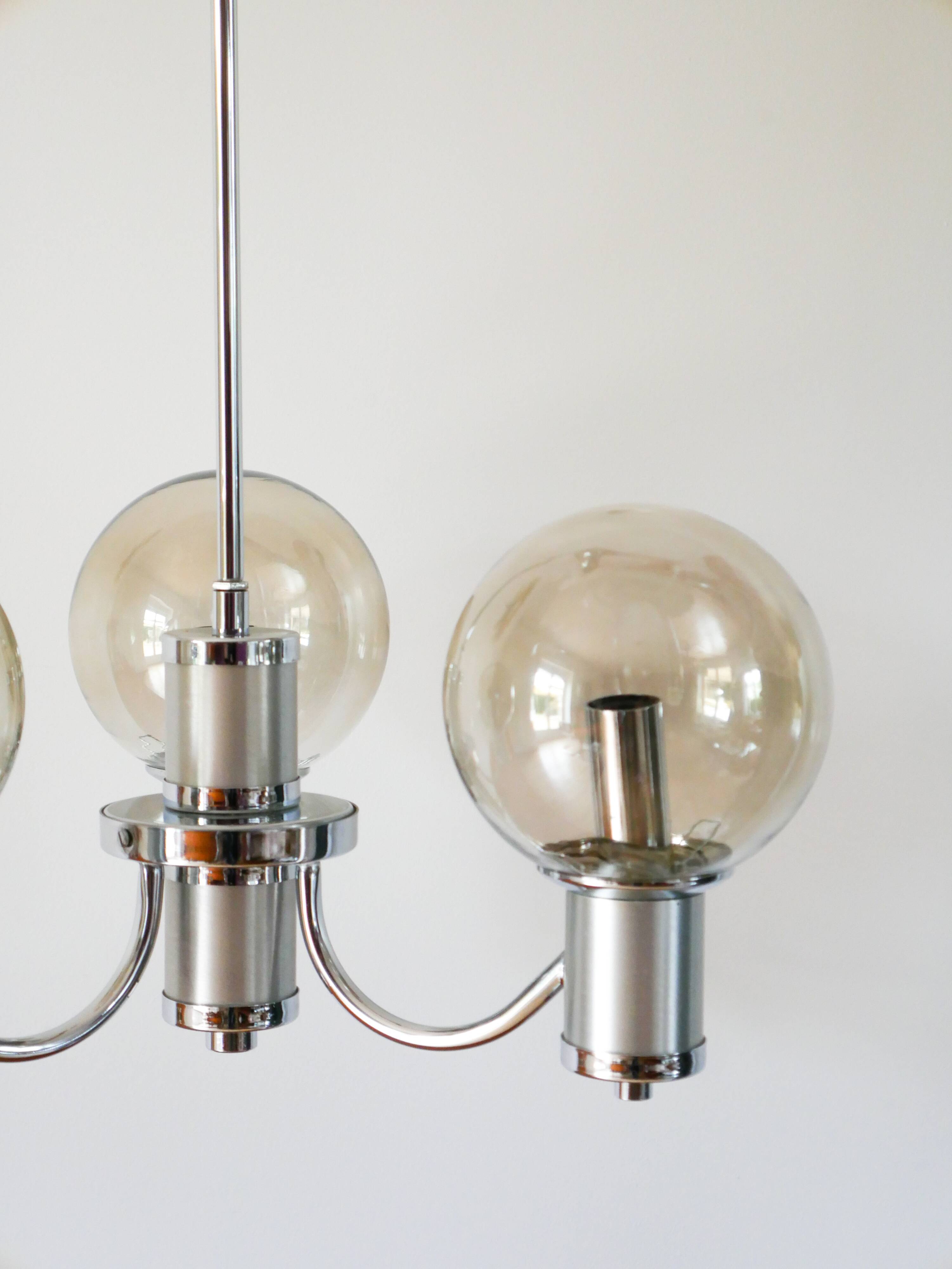 Three-branched chandelier, in chrome and smoked glass globes, Design, 1970