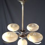 Chrome metal chandelier with 5 pale yellow opal shades from the 1950s.