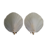 Pair of shell appliques in squeezed pressed glass and golden steel 1970
