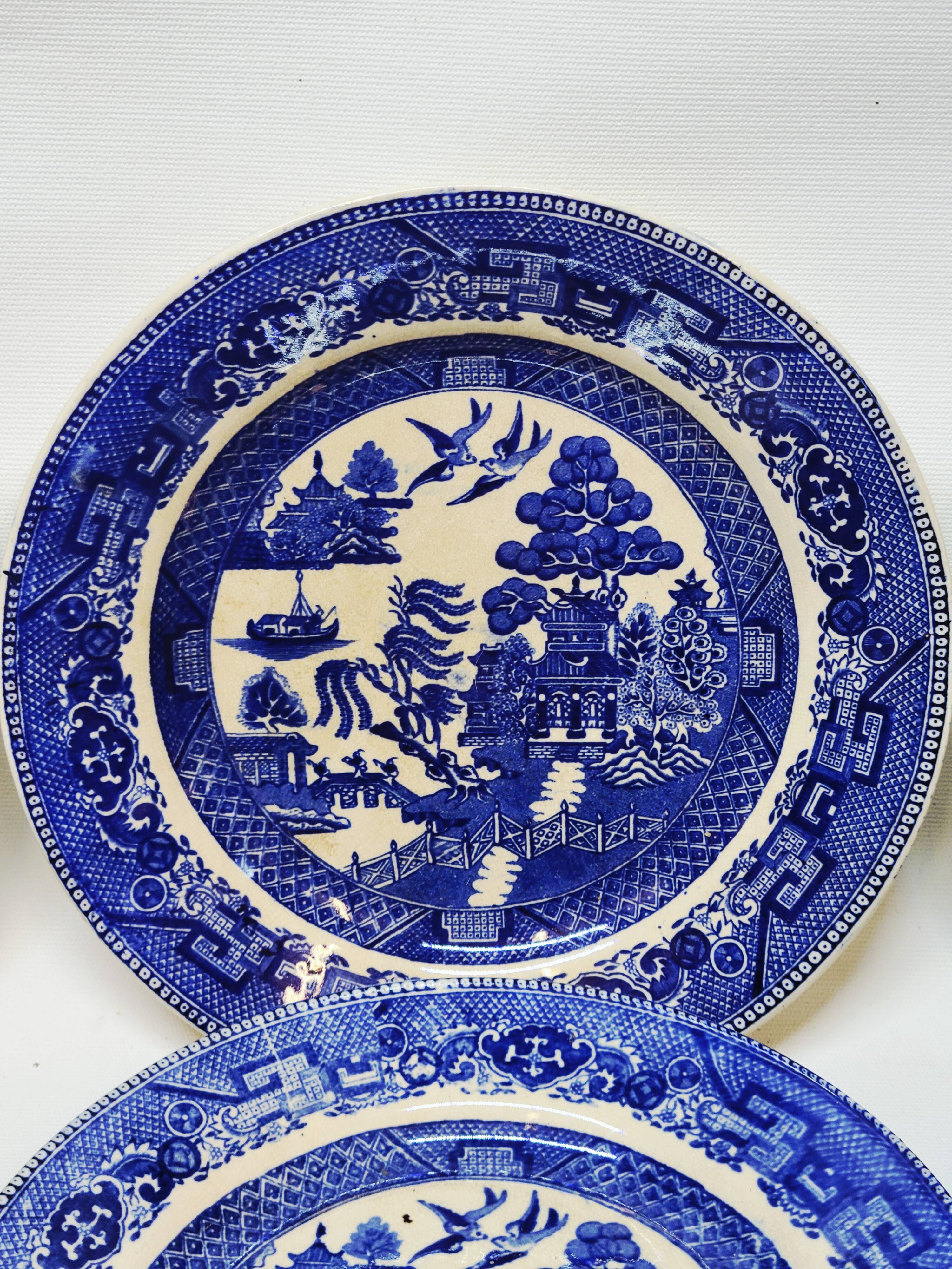 9 Antique Plates 19th Century Blue Willow Pattern Chinese Blue Decor