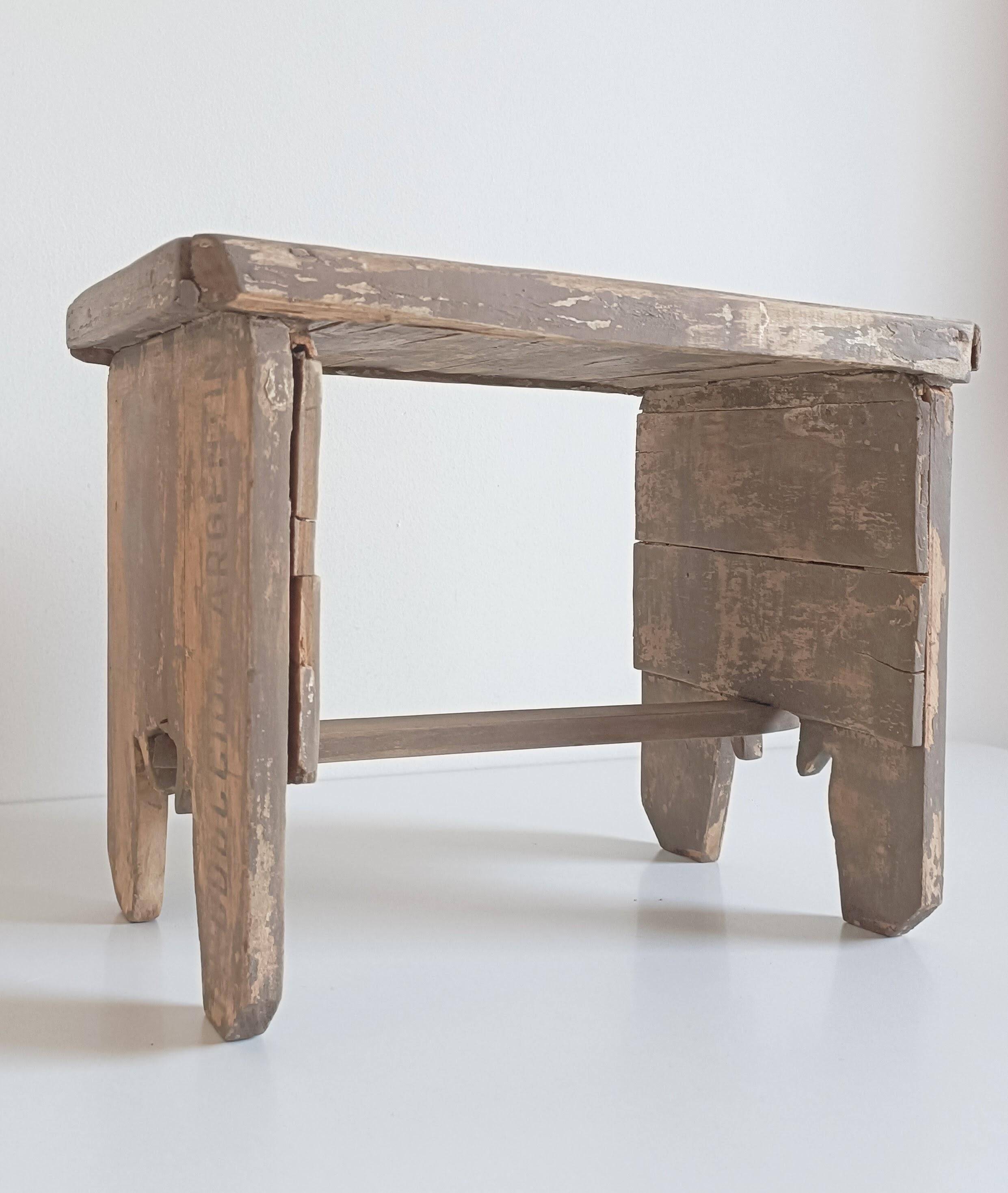 Rustic Weathered Wood Farm Stool/ Accent Table, Spain,  Early 20th-C