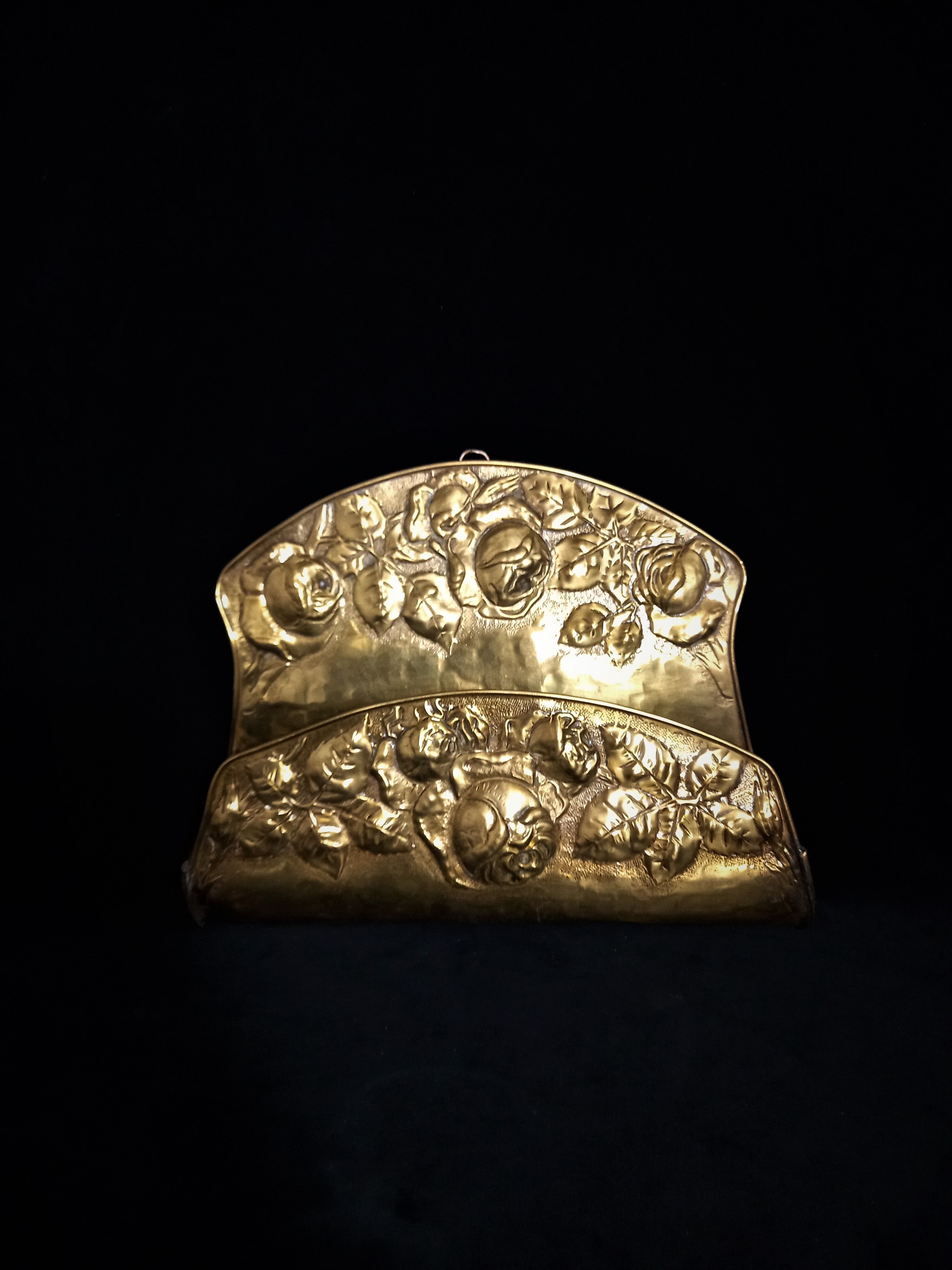 Art nouveau brass wall magazine rack with rose decoration