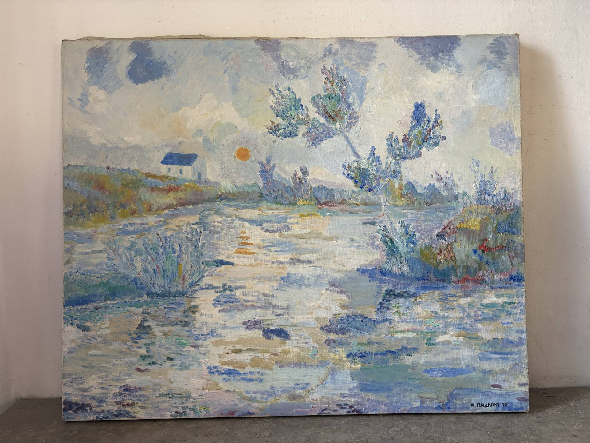 Blue landscape, riverbank, oil on canvas signed 1970