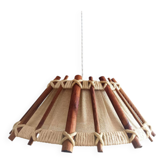 Scandinavian wooden and rope pendant light, 1970s