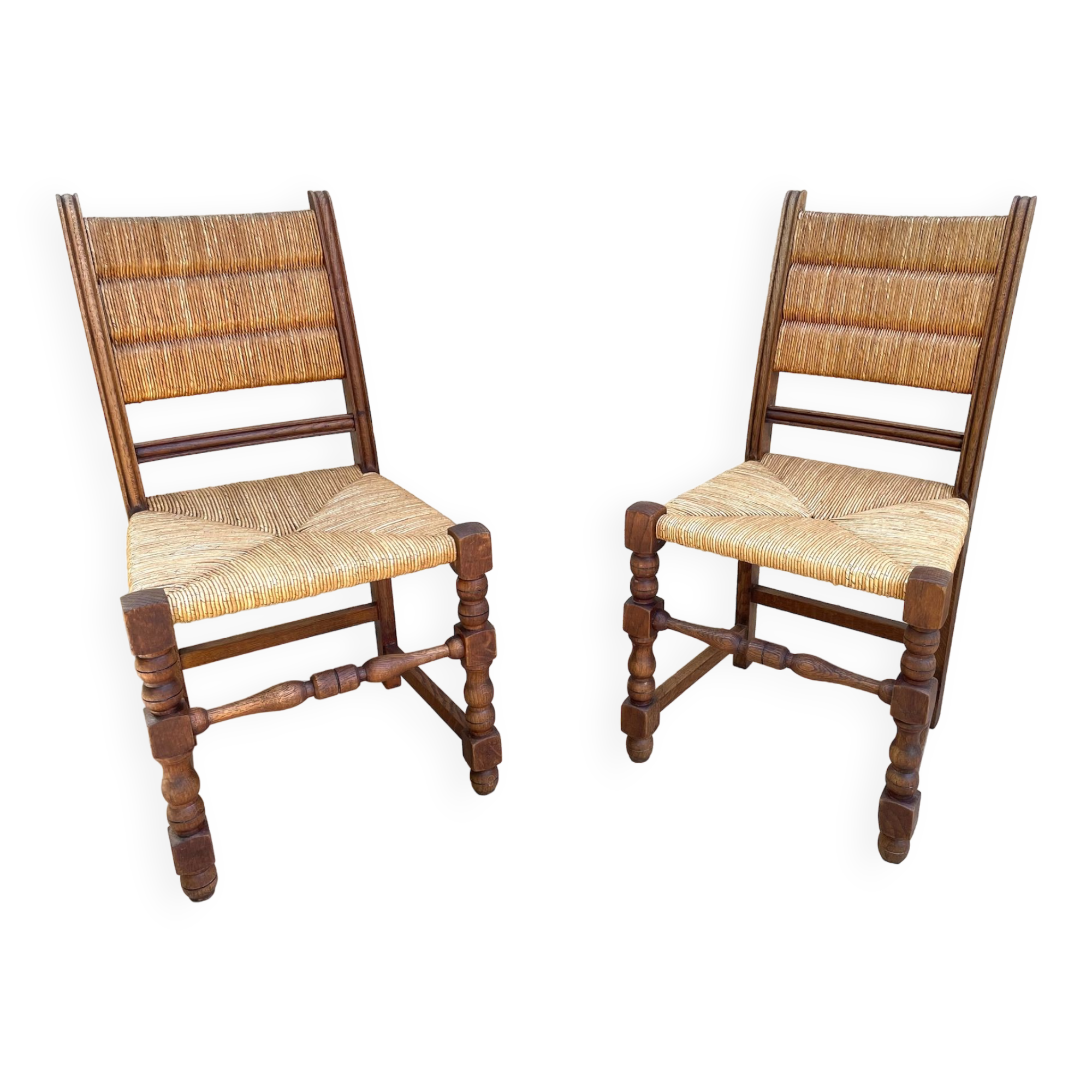 Pair of straw and solid oak chairs