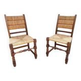 Pair of straw and solid oak chairs