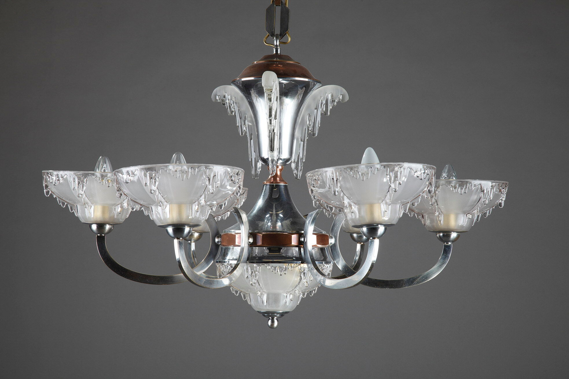 Art Deco chandelier in nickel-plated metal and copper