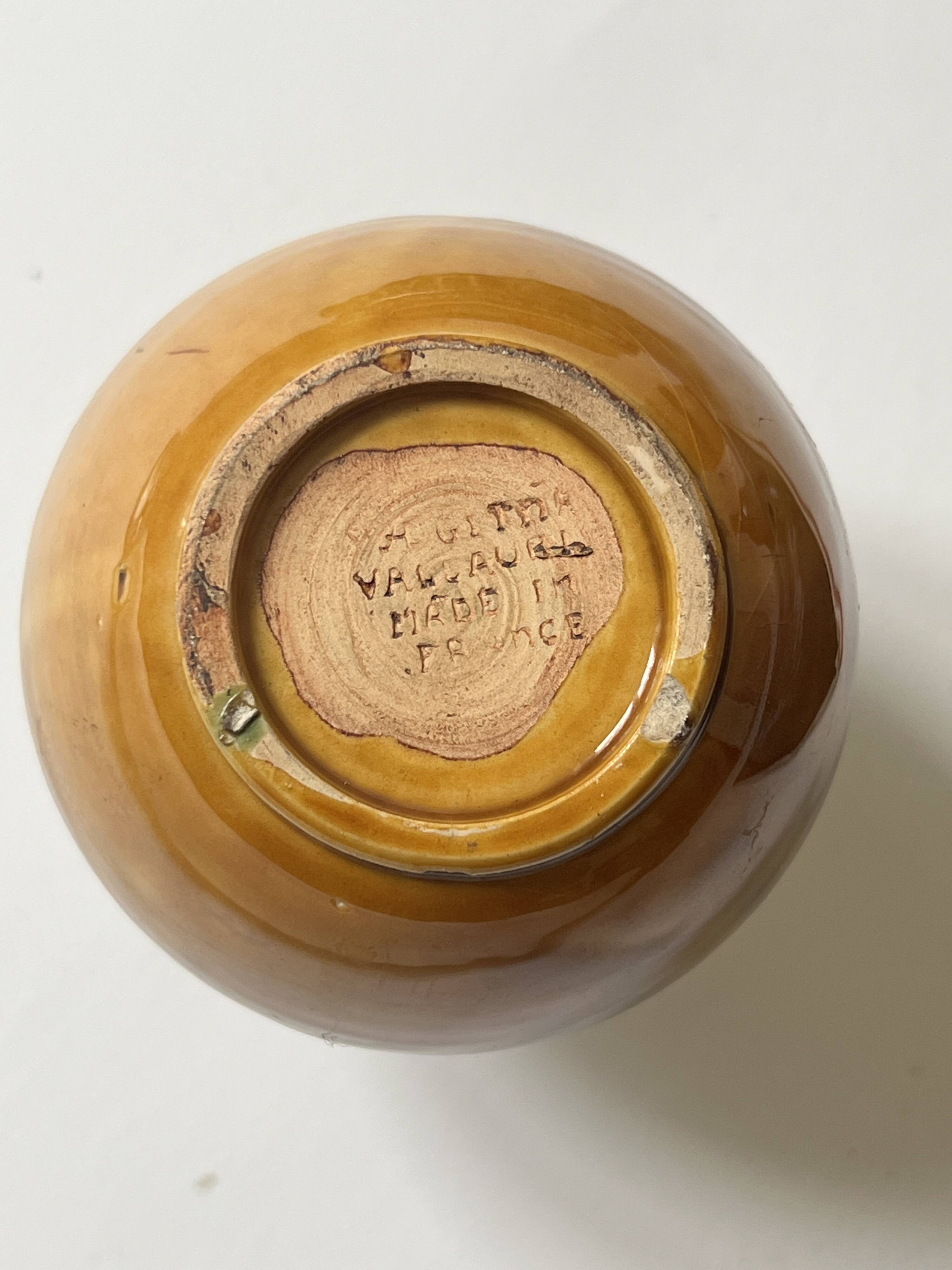 Glazed ceramic vase in honey/ochre/green, France circa 1950.