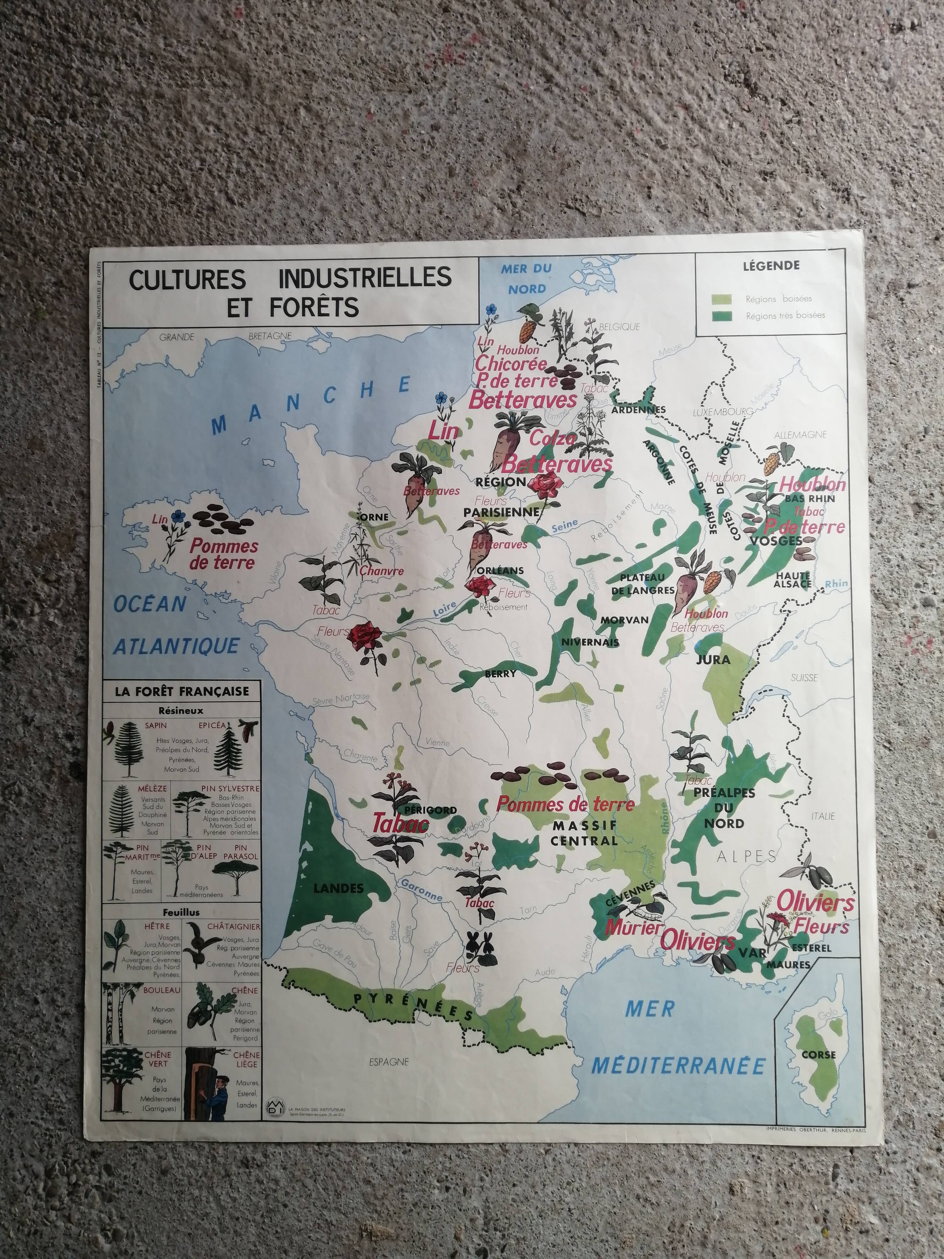 Old MDI school map: France “Industrial crops and forests”
