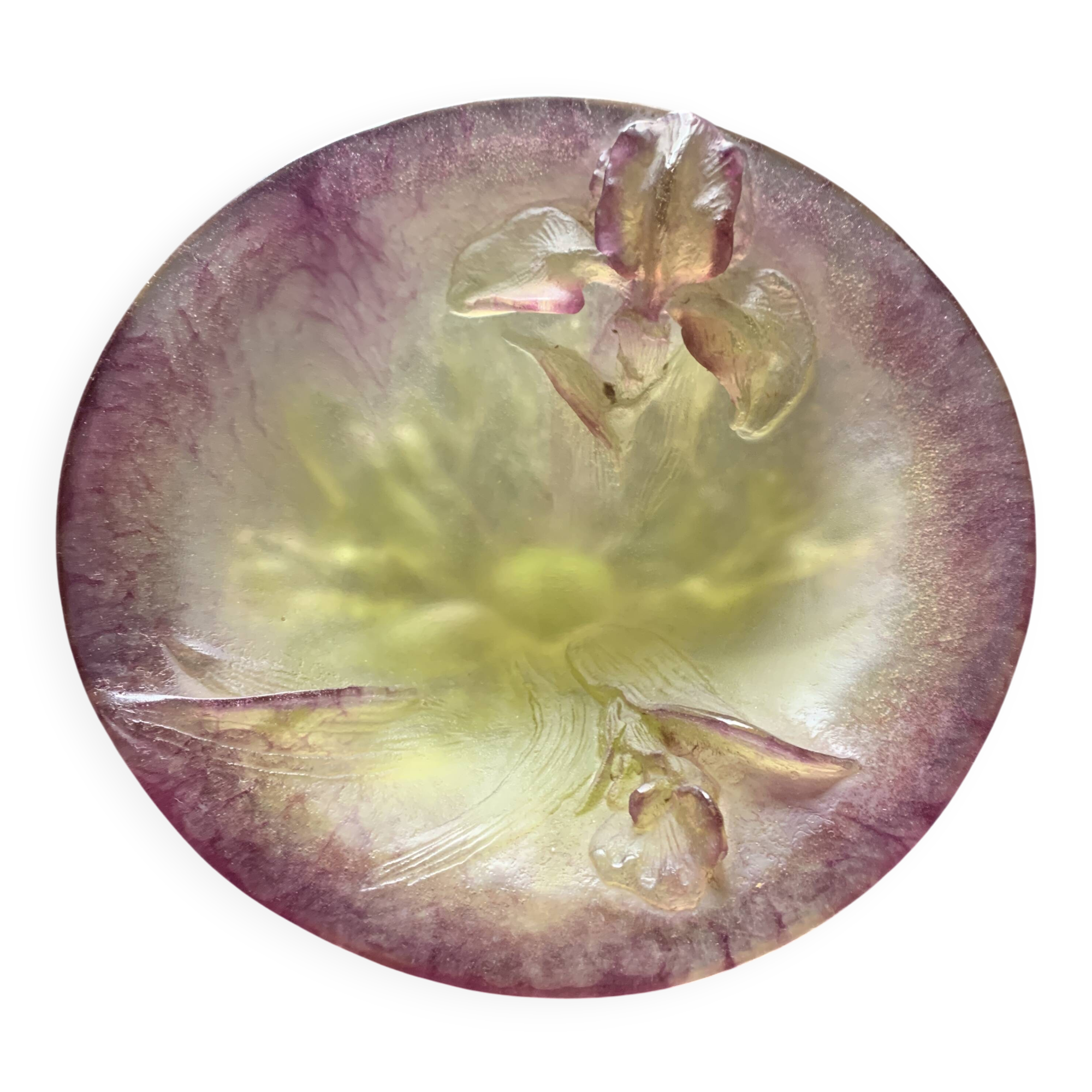 Daum Nancy glass paste bowl – Iris – Art Nouveau purple and green