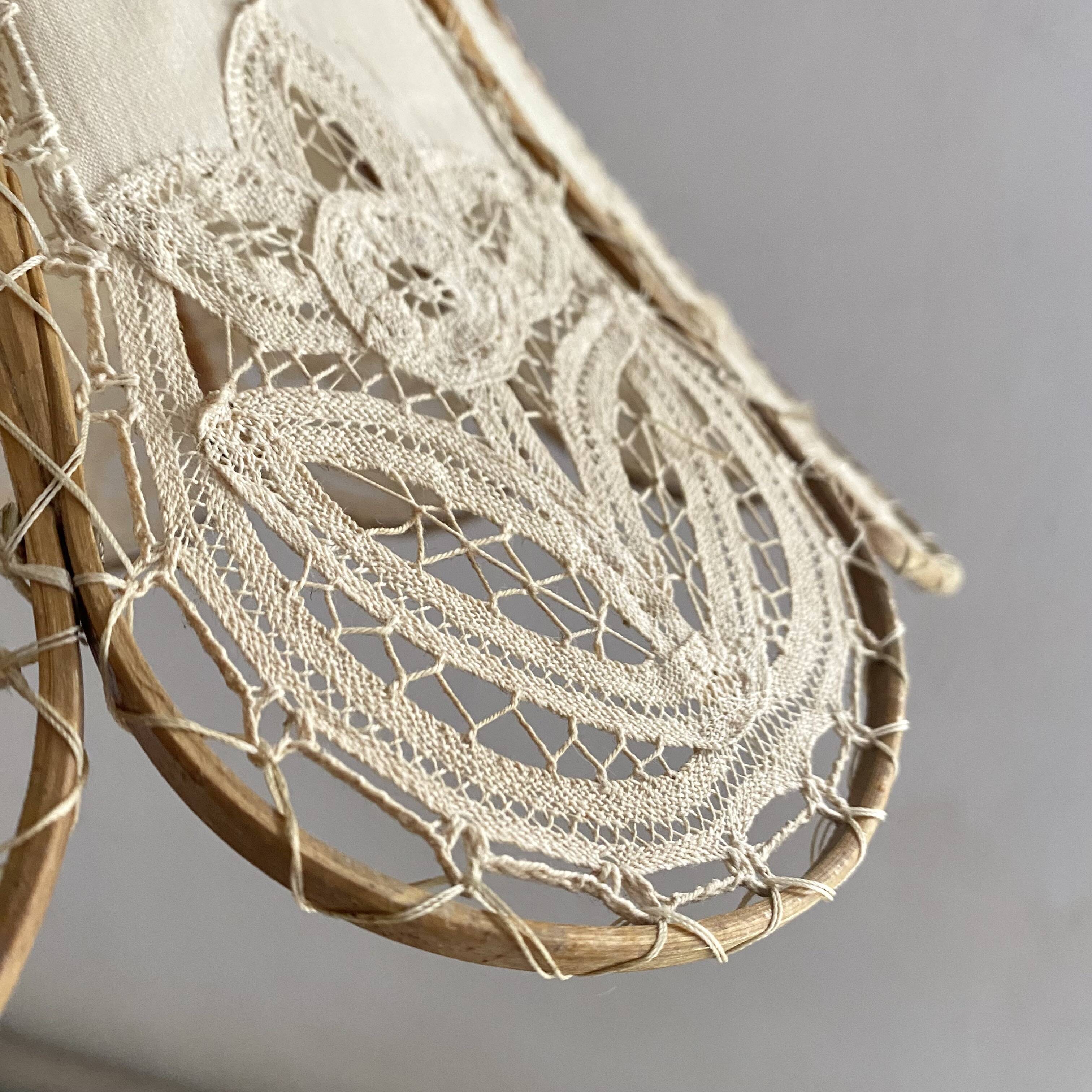Antique hanging lampshade in rattan and openwork embroidered fabric